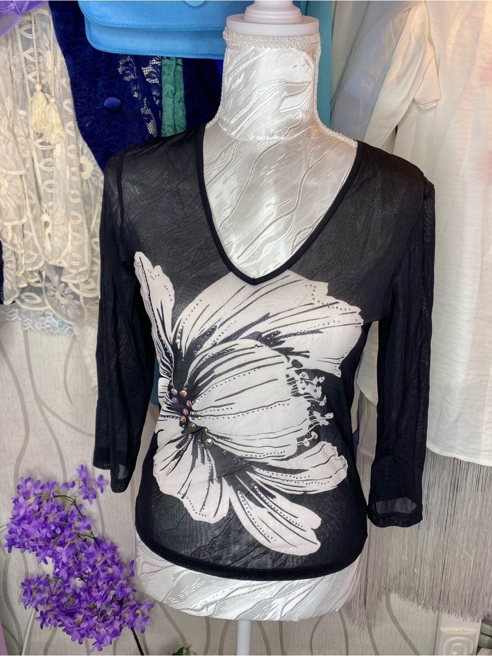 🌷 Express 🌷 90s Vintage Sheer Black V-Neck Floral Print Top